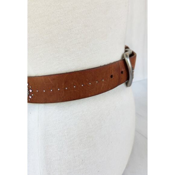 Y2K Fossil Brown Leather Belt M Floral Medallion Pink Crystal Glam - Picture 4 of 8